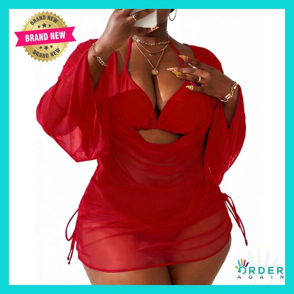 Plus Size Halter Triangle Bikini Set with Ruched Cover Up 3 Piece